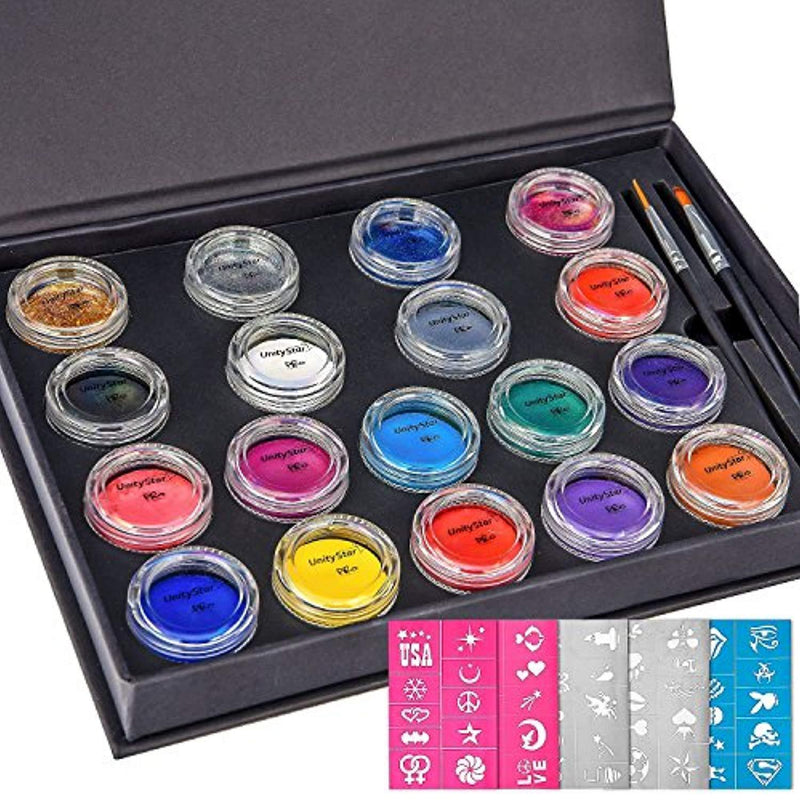 Face Paint,UnityStar 18 Colors+50 Stencils+2 Brushes,Face Painting Kit Face Body Paint Makeup Professional Palette 18X10 Gram Paints for Kids Parties Carnival Games