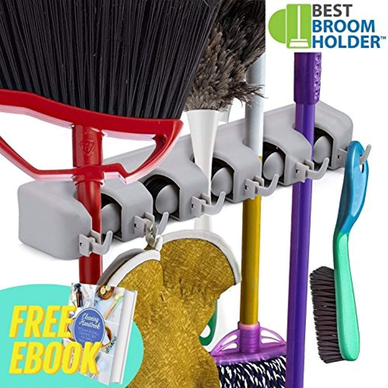 Mop and Broom Holder, Multipurpose Wall Mounted Garden Tool Rack Organizer with 5 Positions 6 Hook, Ideal Broom Hanger for Kitchen Garden Garage Storage Systems, Mounting Screws and eBook Included