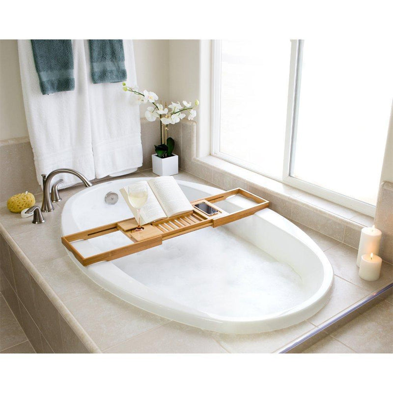 Bellasentials Bamboo Bathtub Caddy & Bathroom Organizer with Extending Sides and Adjustable Book Holder for a Customized Fit - Perfect Tray for Tub Accessories