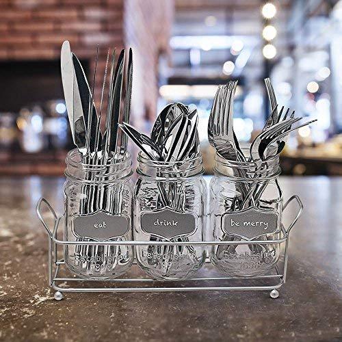 3 Glass Mason Jars with Black Chalk Label - 17 Ounces Clear Chalkboard Mugs on Galvanized Caddy with Handle - Home and Party Drinkware Set, Utensil Organizer, Vintage Rustic Decor Set