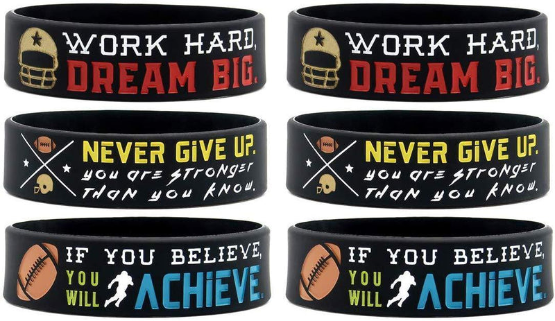 (6-Pack) Motivational Football Wristbands with Sports Quotes - Football Gifts Jewelry Accessories for Football Players Team Awards Party Favors - Unisex for Men Women Youth Teen Girls Boys