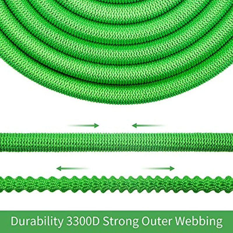 GardenJoy Garden Hose, 100ft Expandable Water Hose with All Improved Leakproof 3/4 Solid Brass Connector, 3300D Stretch Fabric With 9 Function High Pressure Spray Nozzle Flexible Expanding Hose, Green