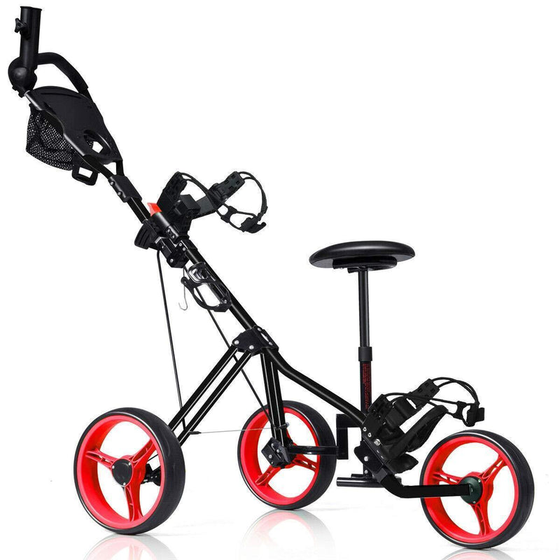 Tangkula Golf PushCart Swivel Foldable 3 Wheel Push Pull Cart Golf Trolley with Seat Scoreboard Bag Golf Push Cart