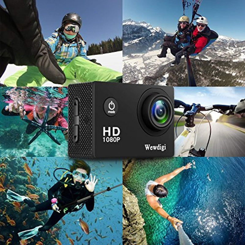 Wewdigi EV5000 Action Camera, 12MP 1080P 2 Inch LCD Screen, Waterproof Sports Cam 140 Degree Wide Angle Lens, 30m Sport Camera DV Camcorder with 10 Accessories Kit … (1080p, Black)