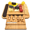 Bamboo Cheese Board & Cutlery Set with Slide-Out Drawer, 4 Stainless Steel Knife, Wood Platter & Serving Tray. Includes 3 Label & Chalk, Unique Gift Idea for Mom, Wedding Day, Engagement and Birthday