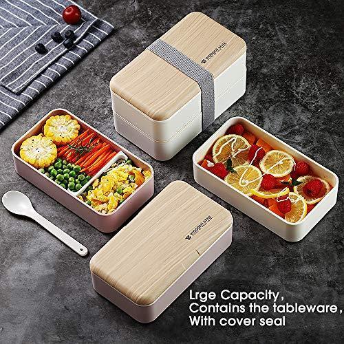 Buringer Lunch Bento Box Food Storage 2 Square Containers for Adults School Work Wheat Grass BPA Free Leak Proof with Chopsticks and Spoon (Long Khaki)