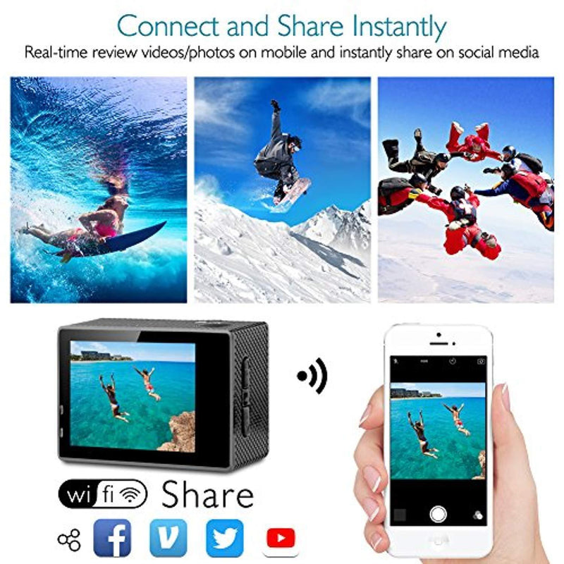 Dragon Touch 4K Action Camera 16MP Sony Sensor Vision 3 Underwater Waterproof Camera 170° Wide Angle WiFi Sports Cam with Remote 2 Batteries and Mounting Accessories Kit