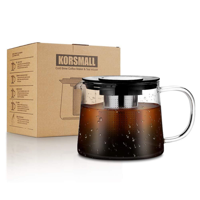 KORSMALL Cold Brew Maker and Tea Infuser, 1.5L/50oz Premium Glass Pitcher with Lid Removable and Reusable Filter Perfect for Hot or Iced Coffee, 1.5L / 50oz, black clear