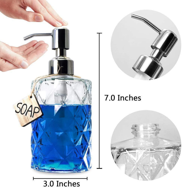JASAI Diamond Design 12 Oz Clear Glass Soap Dispenser, Kitchen Soap Dispenser with 304 Rust Proof Stainless Steel Pump, Premium Glass Soap Dispenser for Bath and Bathroom