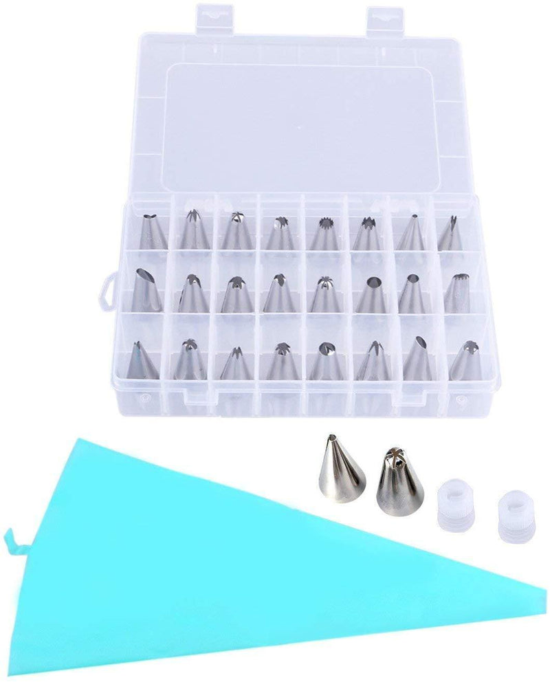 27 in 1 Cake Decorating Tips Kits, KinHom Professional 24 Stainless Steel Icing Tips Nozzles Set Tools and 1 Reusable Silicone Pastry Bag with 2 Plastic Coupler for All Types Pattern