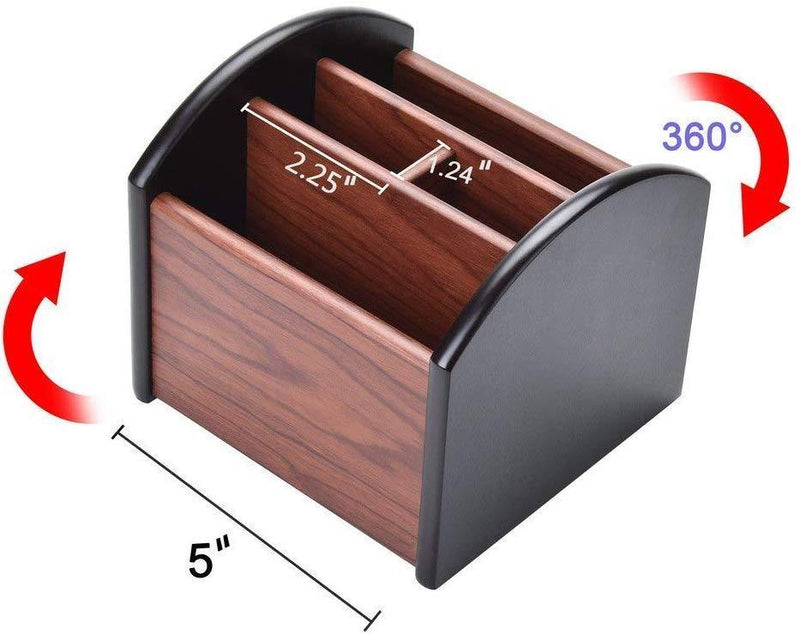 Penxina Revolving Wooden TV Remote Control Caddy, 4 Compartments Rotating Remote Control Holder Media Organizer Wooden Desk Organizer for Home, Office