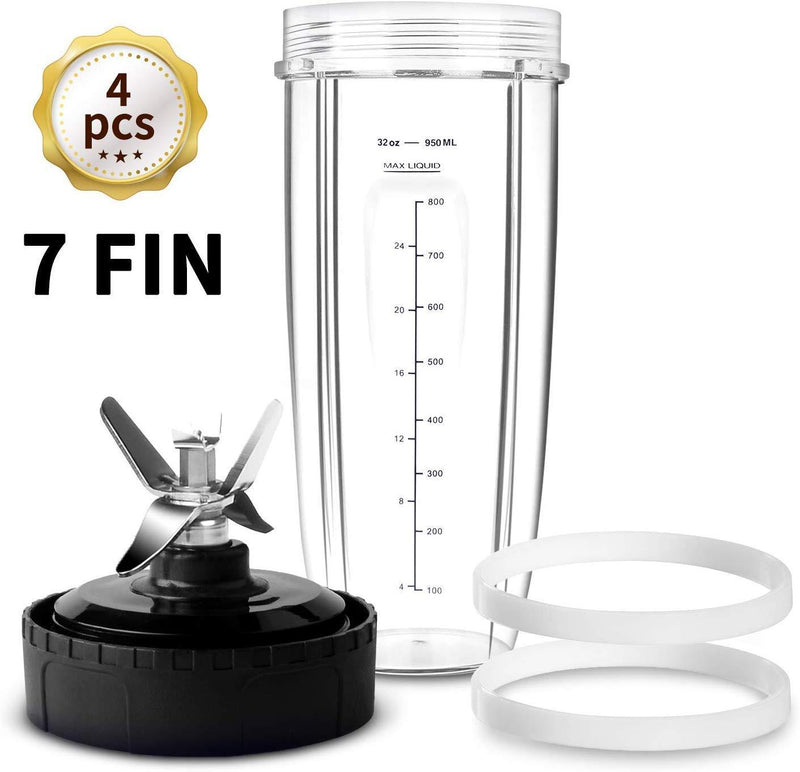 HOMENOTE Replacement Parts Compatible with Ninja Blender 7 FIN Blade & 32 oz Cup & 2 Gasket - 4 PCs Ninja Blender Parts & Accessories Compatible with Nutri Ninja Auto iQ Series