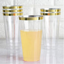 12 oz Gold Rimmed Plastic Cups-100 pack | Clear Disposable Cups with Golden Rims | Drinking Party Supplies | Glassware for Wedding Reception, Baby Shower, and Parties