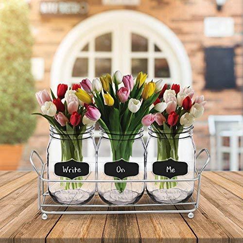 3 Glass Mason Jars with Black Chalk Label - 17 Ounces Clear Chalkboard Mugs on Galvanized Caddy with Handle - Home and Party Drinkware Set, Utensil Organizer, Vintage Rustic Decor Set