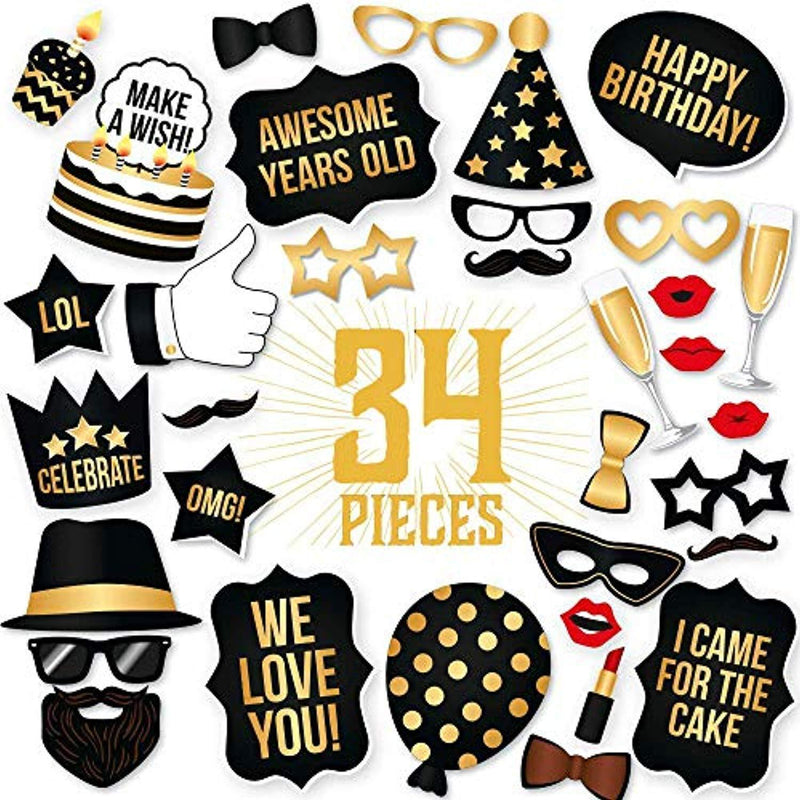 Happy Birthday Props DIY Kit for Black and Gold Birthday Party Photo Booth Props Stand – Suitable for Him Her Birthday Celebration Photo Booth 34 Count