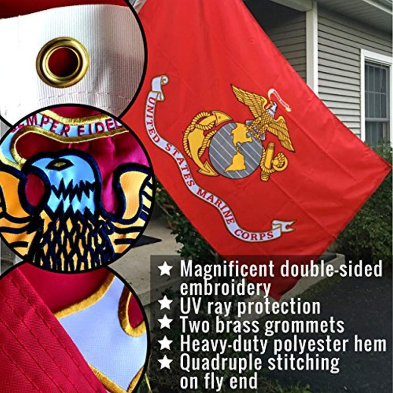 US Marine Corps Flag 3x5 for Outdoor Made in USA - All Weather USMC Flag with Magnificent Double-Sided Embroidery - UV Protected - Brass Grommets - Comes with Bonus Car Sticker