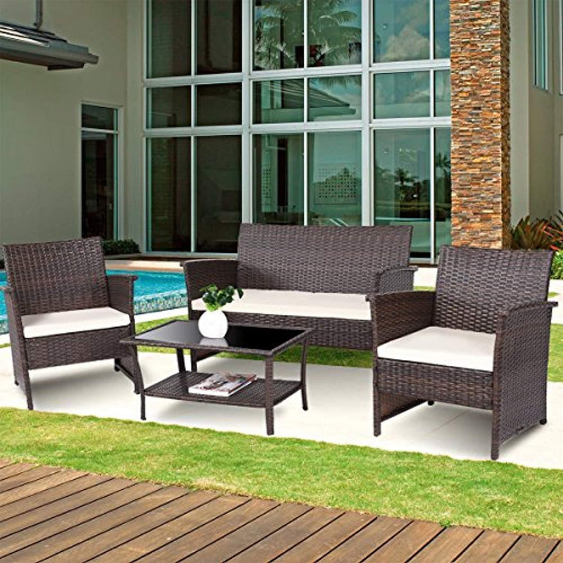 Tangkula Outdoor Patio Furniture 4 Piece Cushioned Sofa and Coffee Table Set Tea Table with 2 Shelves Lawn Balcony Pool Compact Conversation Set