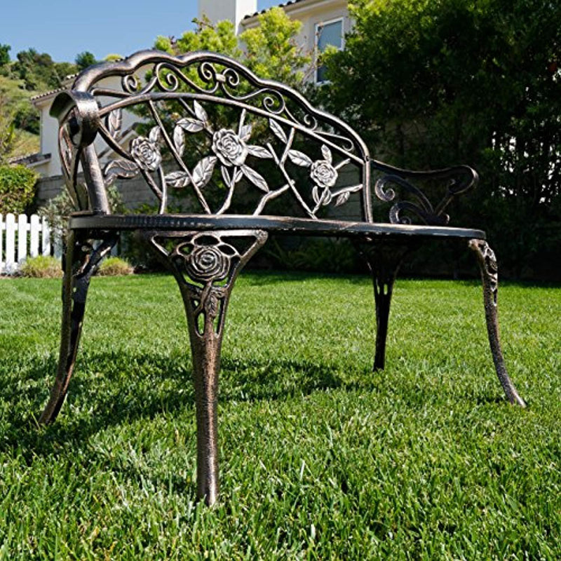 LEAN ON US Belleze Antique Designed Rose Style Outdoor Patio Park Garden Bench Bronze Love Seat Cast Iron Backyard Porch Home Pool