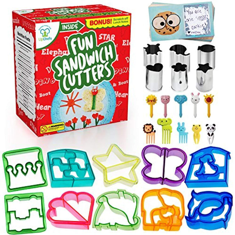 Fun Sandwich and Bread Cutter Shapes for kids - 10 Crust & Cookie Cutters - PLUS 6 FREE Mini Heart & Flower Stainless Steel Vegetable & Fruit Stamp Set and 10 Food Picks Loved by both Boys & Girls!