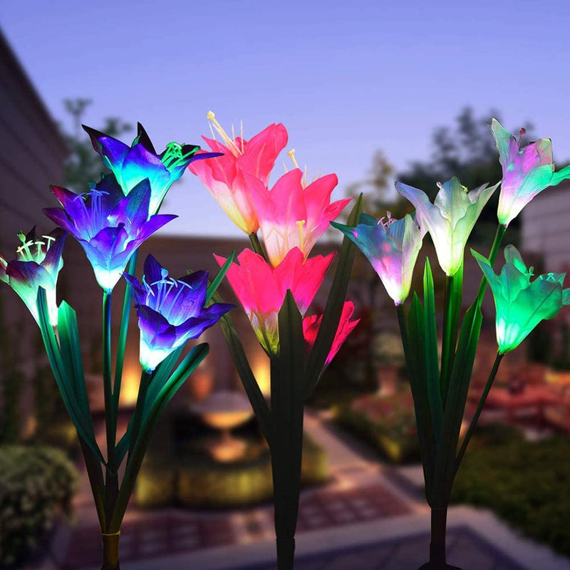 EPIC GADGET Flower Solar Lights Outdoor - 3 Pack Waterproof Lawn Solar Lights with 12 Lily Flowers, Color-Changing Solar Stakes Lights for Patio, Back Yard, Garden