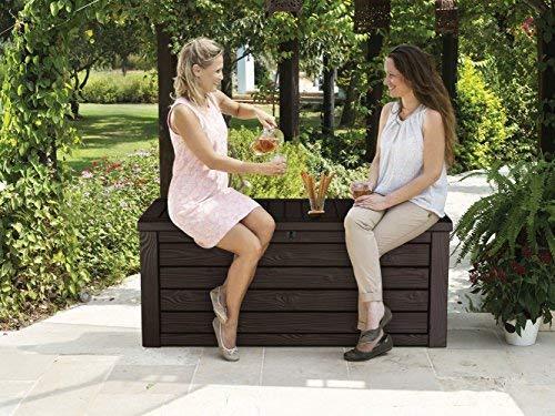 Keter Westwood Plastic Deck Storage Container Box Outdoor Patio Garden Furniture 150 Gal, Brown