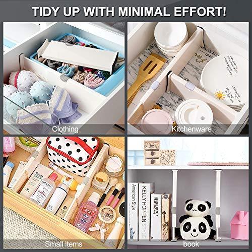 JONYJ Drawer Dividers/Organizer 4 Pack, Adjustable Separators 4" High Expandable from 11-17" for Bedroom, Bathroom, Closet, Office, Kitchen Storage, Strong Secure Hold, Foam Ends, Locks in Place