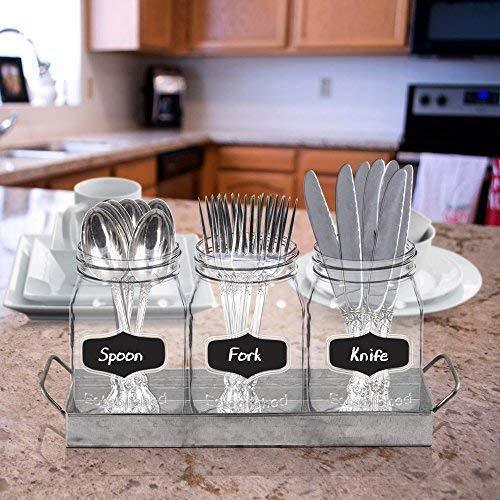 3 Glass Mason Jars with Black Chalk Label - 17 Ounces Clear Chalkboard Mugs on Galvanized Caddy with Handle - Home and Party Drinkware Set, Utensil Organizer, Vintage Rustic Decor Set