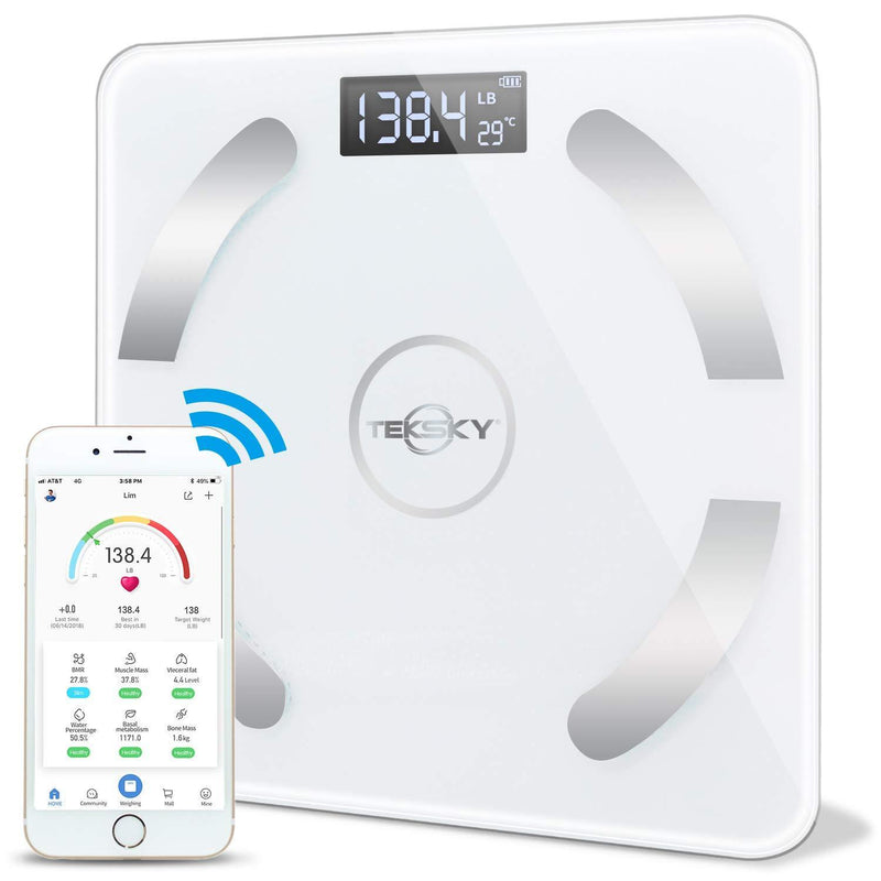 TekSky Smart Body Fat Scale, Wireless Body Composition Monitor with Bluetooth iOS and Android App - Body Fat, Water, Muscle, BMI Analyzer - Max 400 lbs