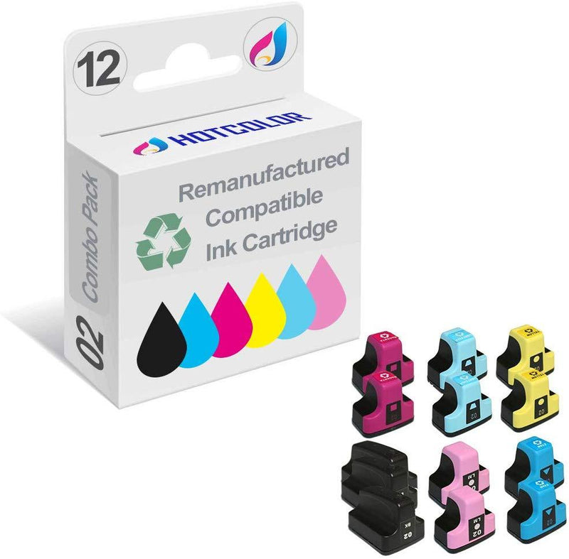 HOTCOLOR Remanufactured Ink Cartridge Replacement for HP 02 Work for HP PhotoSmart D7260 D7460 D7255 D7263 D7268 D7155 Printer (Black, Cyan, Magenta, Yellow, Light Cyan, Light Magenta, 12-Pack)