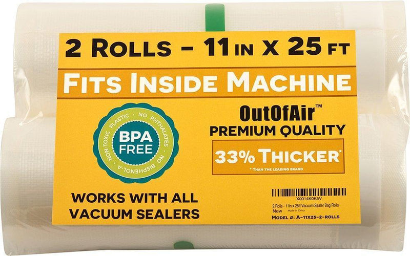 11" x 25' Rolls (Fits Inside Machine) BULK 8 Pack (200 feet total) OutOfAir Vacuum Sealer Rolls for Foodsaver and others 33% Thicker, BPA Free, FDA Approved, Sous Vide, Commercial Grade Bags