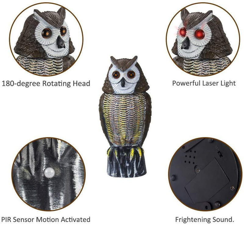 Redeo Solar Powered Owl Decoy Scarecrow Bird Repellent with Flashing Eyes & Scary Sound & Rotating Head, 10-16 ft Motion Activated - Animal Repeller Deter Birds, Squirrels & Mice and More