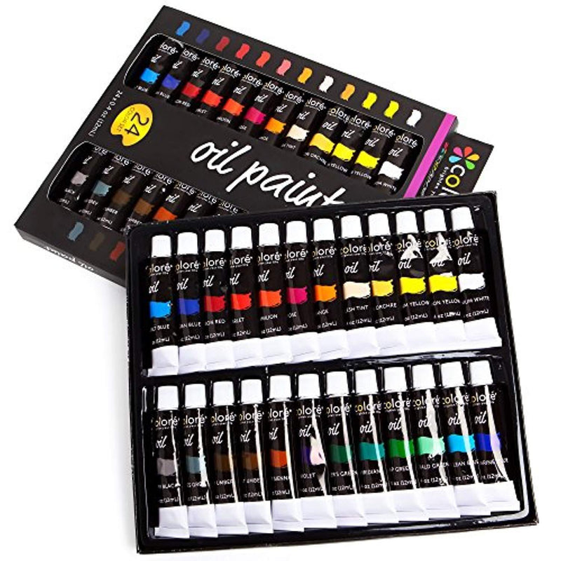 Colore Oil Paint Set – Perfect for Use On Landscape and Portrait Canvas Paintings – Great for Professional Artists, Students & Beginners - Set of 24 Richly Pigmented Oil Paint Colors