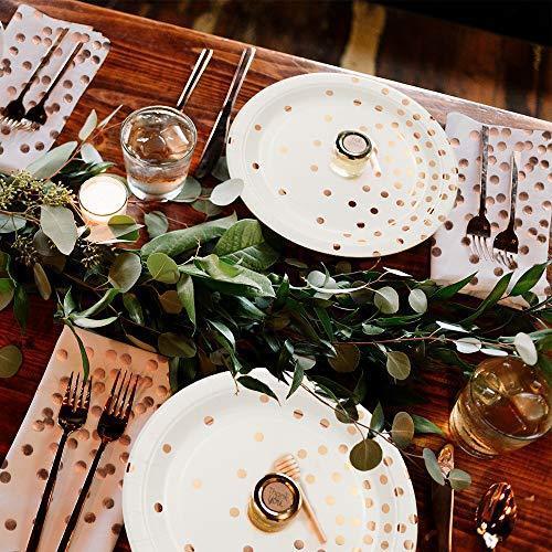 300PCS Rose Gold Paper Party Supplies - Disposable Paper Plates Dinnerware Set Rose Gold Dots 50 Dinner Plates 50 Dessert Plates 50 Cups 50 Napkins 50 Straws 50 Balloons Birthday Party Wedding Holiday