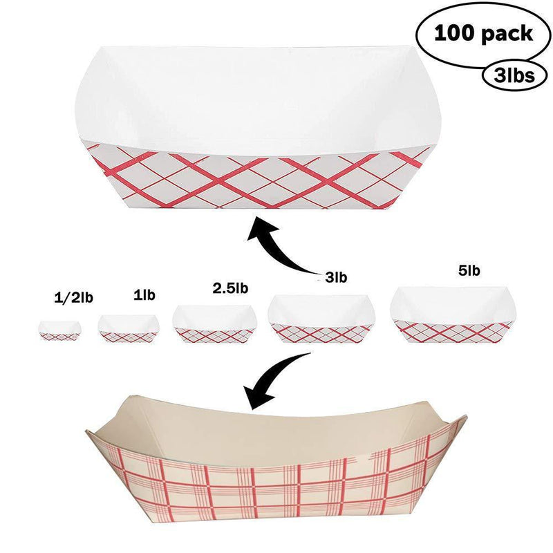 Disposable Paper Food Tray 3Lb Heavy Duty, Grease Resistant 100 Pack. Durable, Coated Paper Food Basket for Fairs, Concession Stands & Food Trucks. Holds Treats Like Hot Dogs, Fries, Nachos and Tacos!