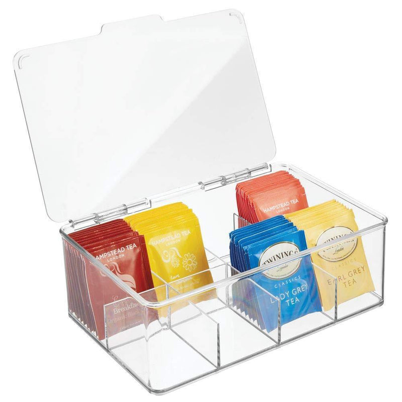 mDesign Stackable Plastic Tea Bag Holder Storage Bin Box for Kitchen Cabinets, Countertops, Pantry - Organizer Holds Beverage Bags, Cups, Pods, Packets, Condiment Accessories - Clear