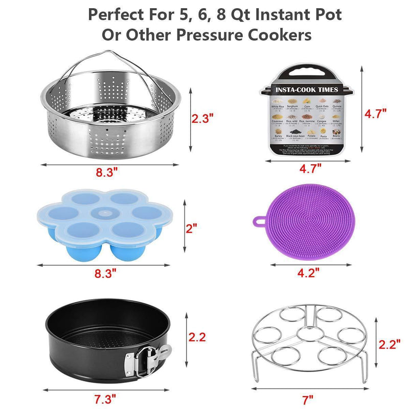 SPLF 9 Pcs Pressure Cooker Accessories Set, Compatible with Instant Pot 6 8 QT, Includes Steamer Basket, Springform Cake Pan, Egg Bites Mold, Eggs Rack, Silicone Dish Sponge, Cheat Sheet Magnets