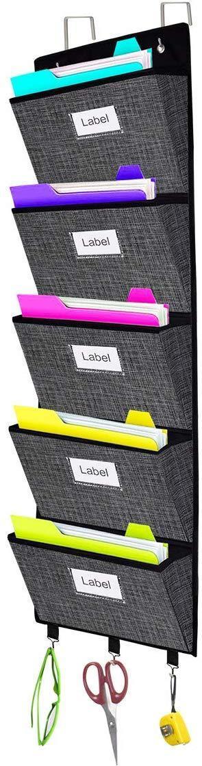 Over The Door Hanging File Organizer Wall Mounted, Office Supplies Storage Holder Pocket Chart for Magazine,Notebooks,Planners,File Folders,5 Large Pockets Grey