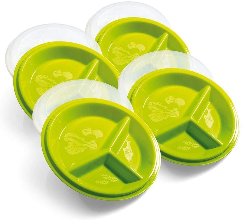Precise Portions 2-Go Healthy Portion Control Plates, Pack of 4 – BPA-Free 3-Section Plate with Leak-Proof Lids, Dishwasher, Microwave Safe