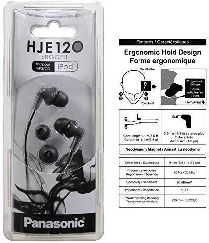 Panasonic ErgoFit In-Ear Earbud Headphones RP-HJE120-K (Black) Dynamic Crystal Clear Sound, Ergonomic Comfort-Fit