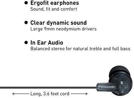 Panasonic ErgoFit In-Ear Earbud Headphones RP-HJE120-K (Black) Dynamic Crystal Clear Sound, Ergonomic Comfort-Fit