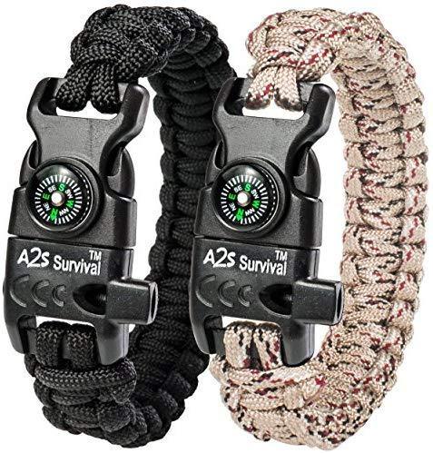 A2S Protection Paracord Bracelet K2-Peak – Survival Gear Kit with Embedded Compass, Fire Starter, Emergency Knife & Whistle EDC Hiking Gear- Camping Gear