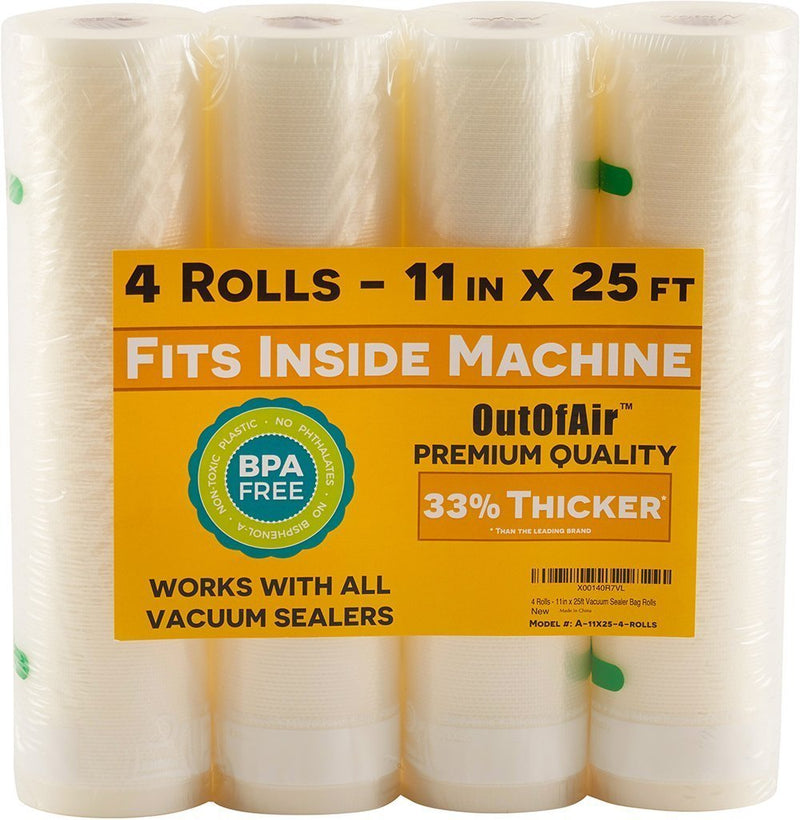 11" x 25' Rolls (Fits Inside Machine) BULK 8 Pack (200 feet total) OutOfAir Vacuum Sealer Rolls for Foodsaver and others 33% Thicker, BPA Free, FDA Approved, Sous Vide, Commercial Grade Bags