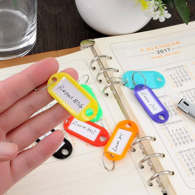 YUEAON 100 Pack Tough Plastic Key Tags with Label Window ID Luggage tag with Split Ring Key Ring Keychain,10 Colors