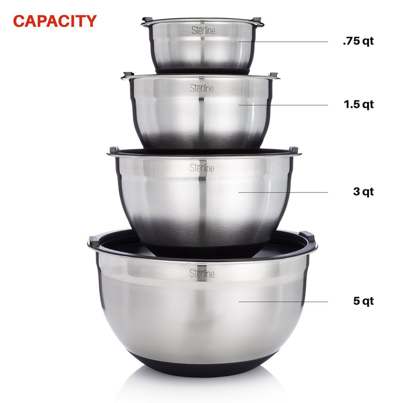 Sterline Stainless Steel Mixing Bowl Set of 4 w/Lids, Non-Slip Mixing Bowls .75, 1.5, 3, 5-Quarts w/Measurement Displayed Inside, Small-Large Nesting Bowls, Cooking and Kitchen Essentials, Silver