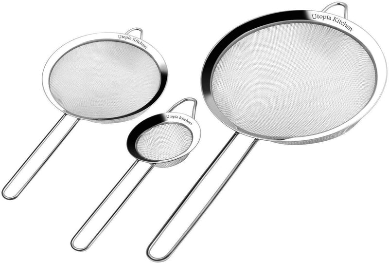 Utopia Kitchen Set of 3 Stainless Steel Mesh Strainer Colander Sieve with Handles - Small, Medium and Large - Ideal for Straining Quinoa, Spaghetti, Yogurt, Tea and More