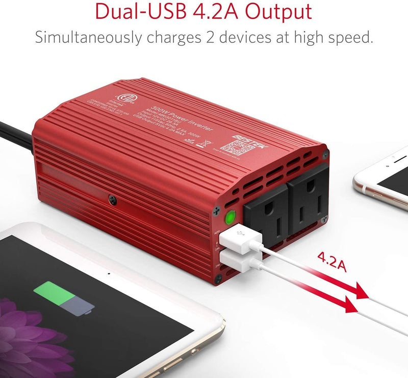 BESTEK 300W Power Inverter DC 12V to 110V AC Car Inverter with 4.2A Dual USB Car Adapter