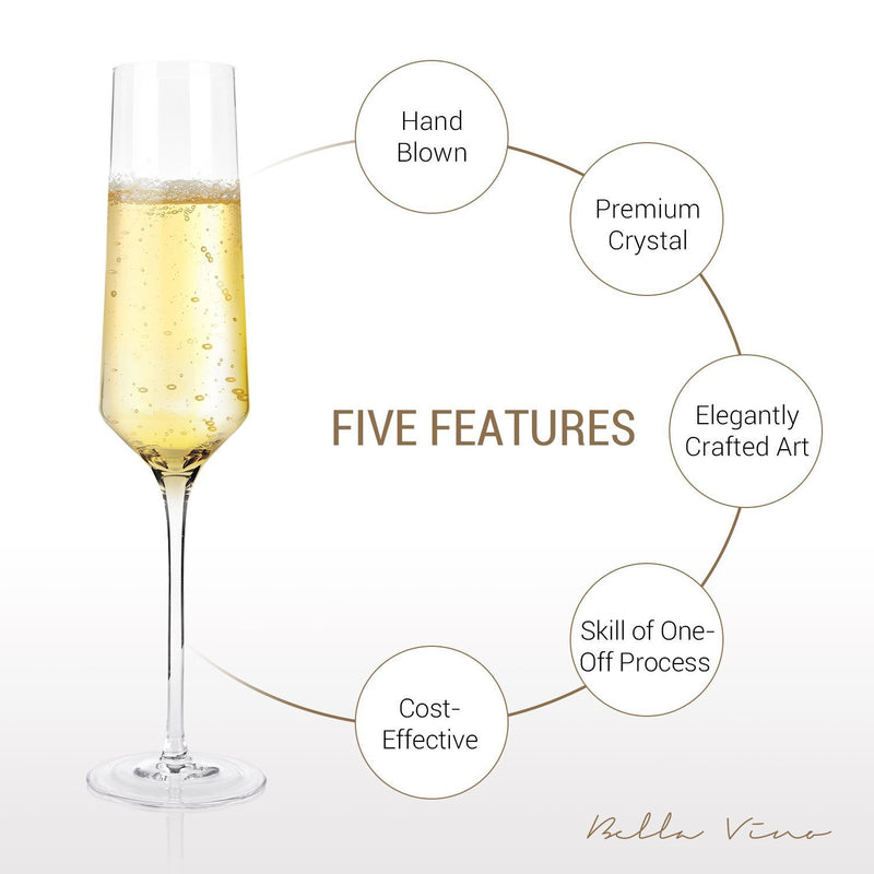 Hand Blown Crystal Champagne Flutes - Bella Vino Elegant Champagne Glasses Made from 100% Lead Free Premium Crystal Glass，Perfect for Any Occasion,Great Gift, 10", 7 Oz, Set of 2, Clear