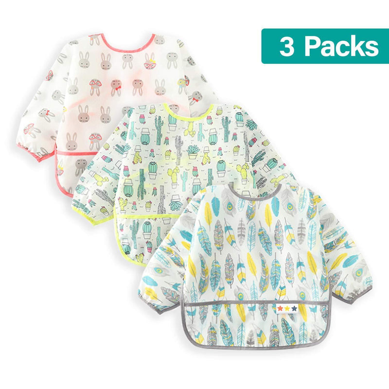 3 Pcs Long Sleeved Bib Set | Baby Waterproof Bibs with Pocket Bundle | Toddler Bib with Sleeves and Crumb Catcher | Stain and Odor Resistance Play Smock Apron - Pack of 3 | 6-24 Months