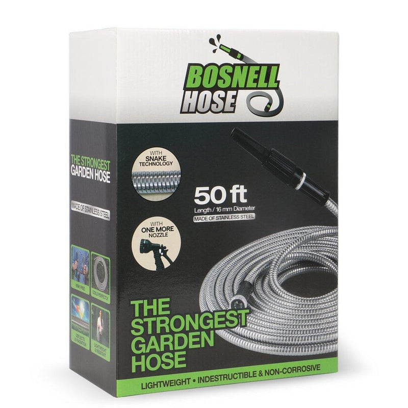 BOSNELL 50FT Garden Hose, 304 Stainless Steel Hose with 2 Free Nozzles, Lightweight, Ultra Flexible and Tangle Free, Cool to Touch, Tough and Durable