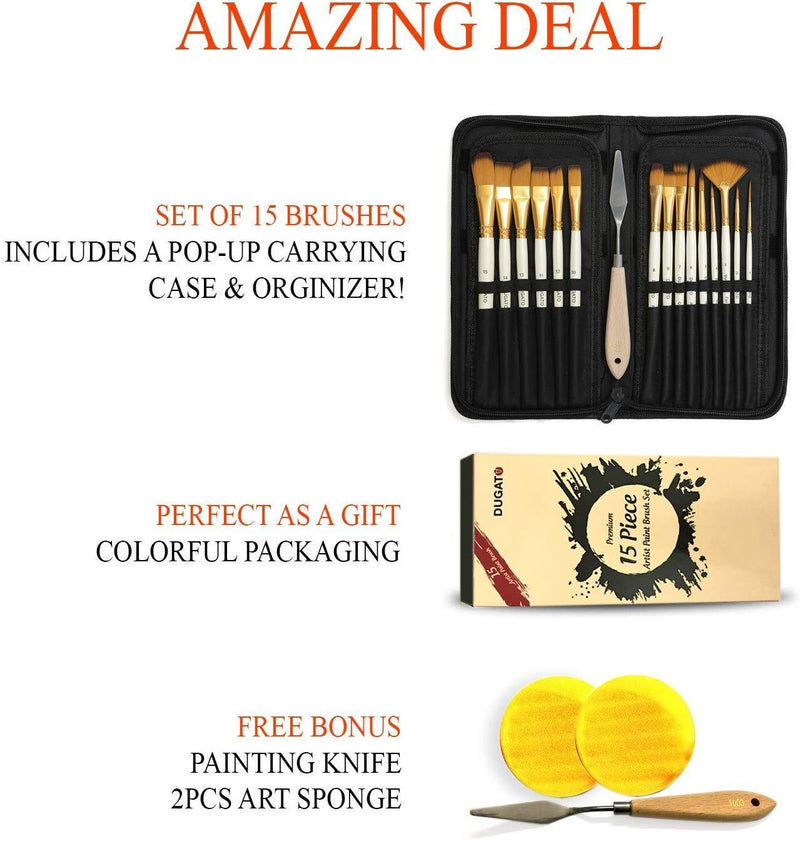 DUGATO Artist Paint Brush Set 15pcs Includes Pop-up Carrying Case with Free Palette Knife and 2 Sponges